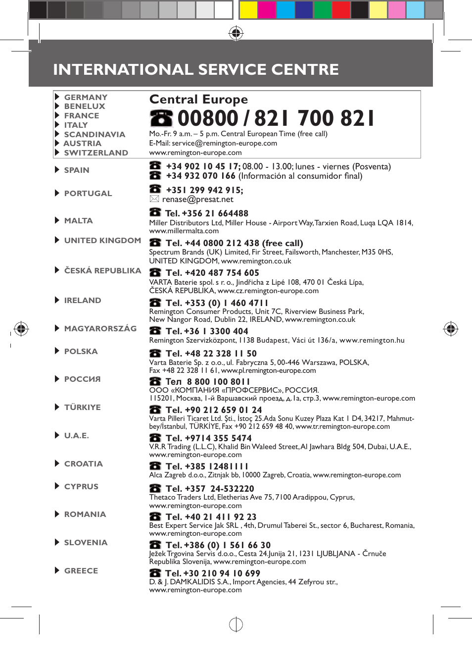 International service centre, Central europe | Remington D2400 User Manual | Page 68 / 69