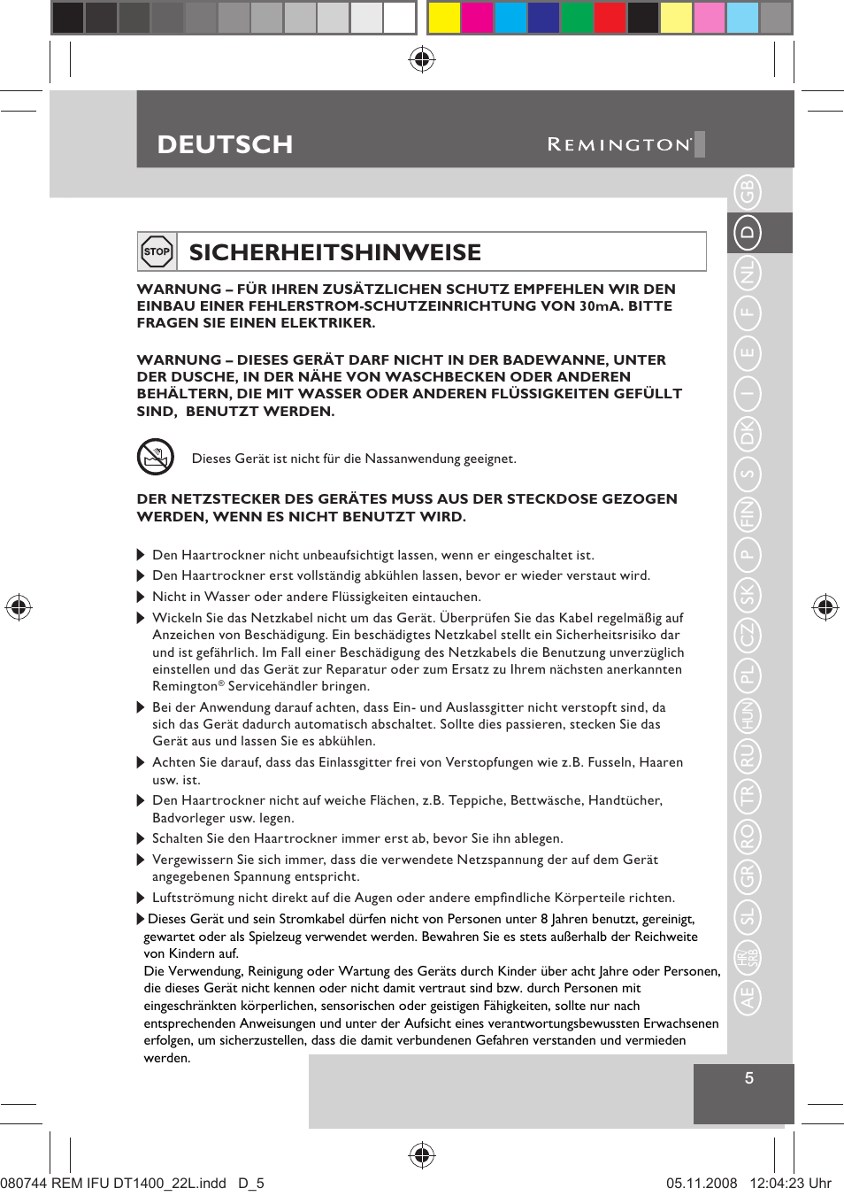 Deutsch, Sicherheitshinweise | Remington D2400 User Manual | Page 7 / 69