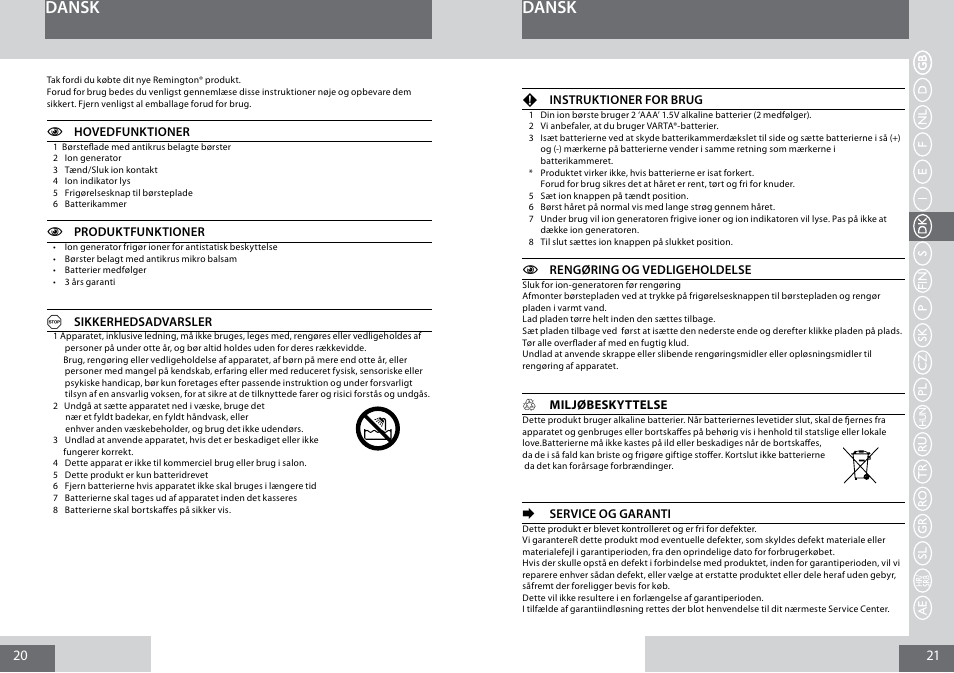 Dansk | Remington B8400 User Manual | Page 11 / 34