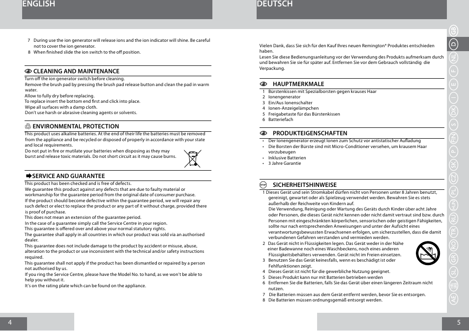 English, Deutsch | Remington B8400 User Manual | Page 3 / 34