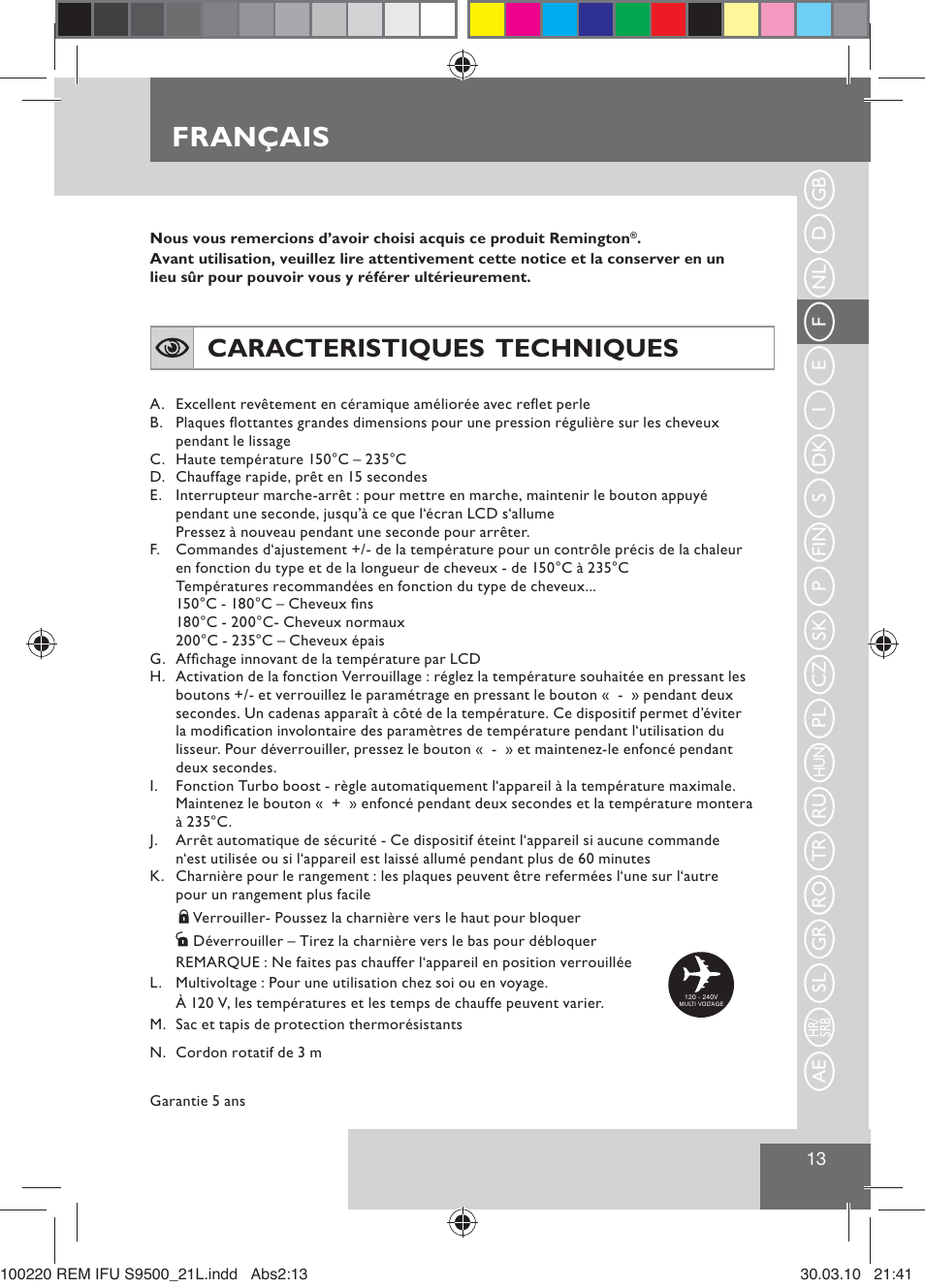 Français, Caracteristiques techniques | Remington S9500 User Manual | Page 15 / 88