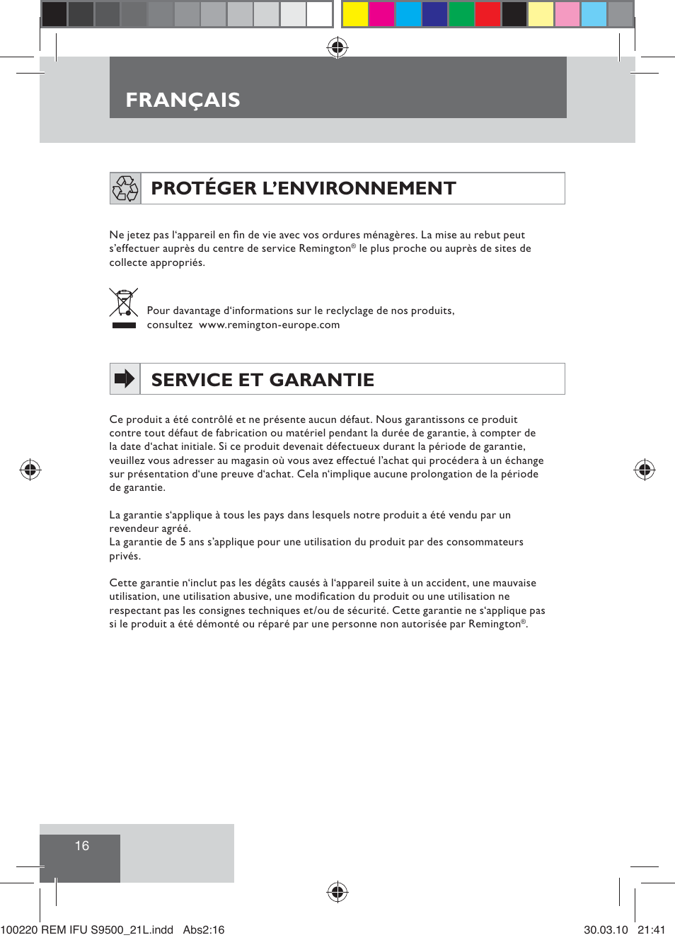 Français, Protéger l’environnement, Service et garantie | Remington S9500 User Manual | Page 18 / 88