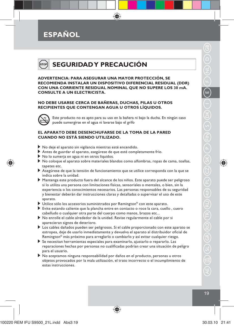 Español, Seguridad y precaución | Remington S9500 User Manual | Page 21 / 88