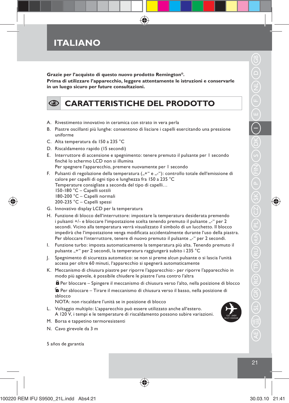 Italiano, Caratteristiche del prodotto | Remington S9500 User Manual | Page 23 / 88