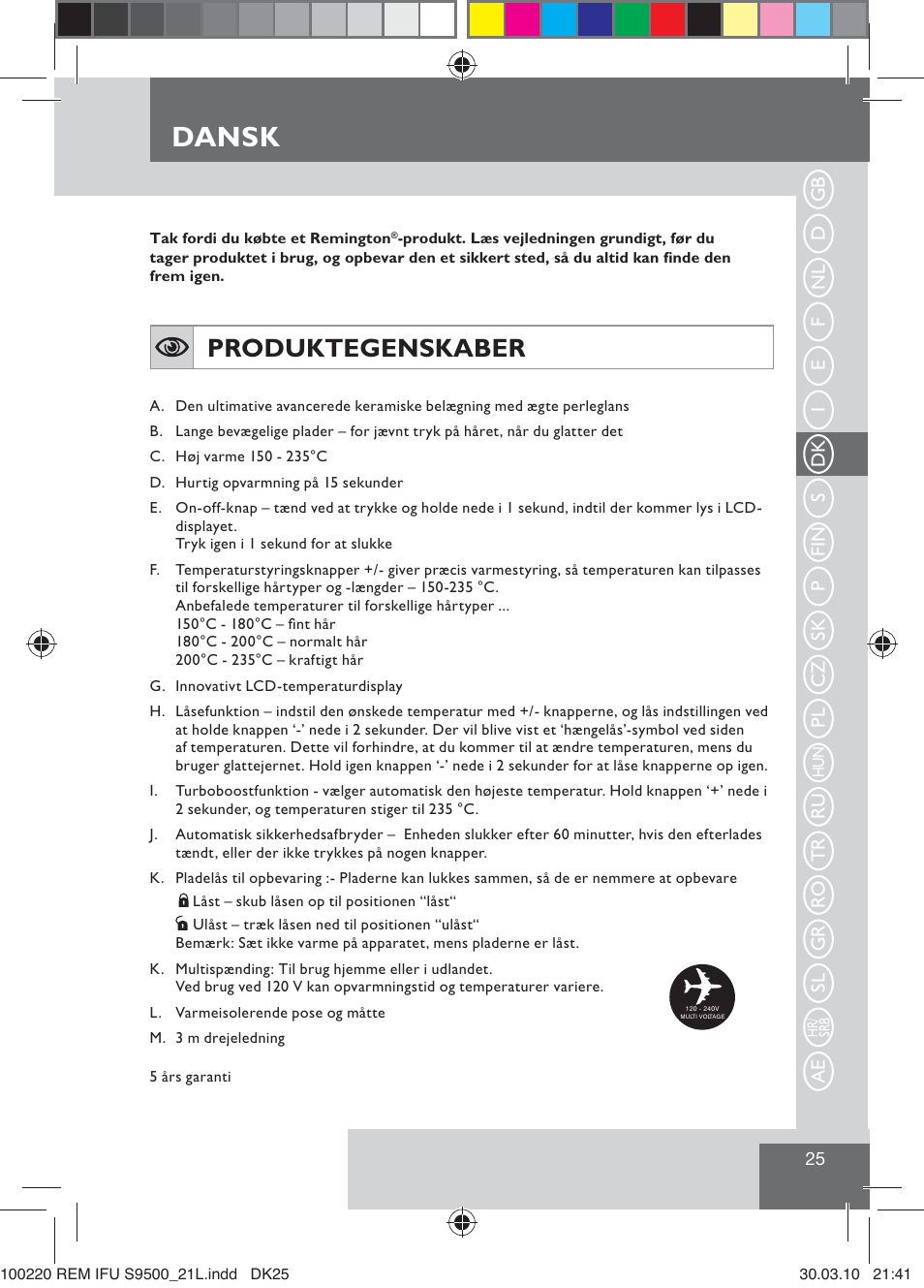 Dansk, Produktegenskaber | Remington S9500 User Manual | Page 27 / 88