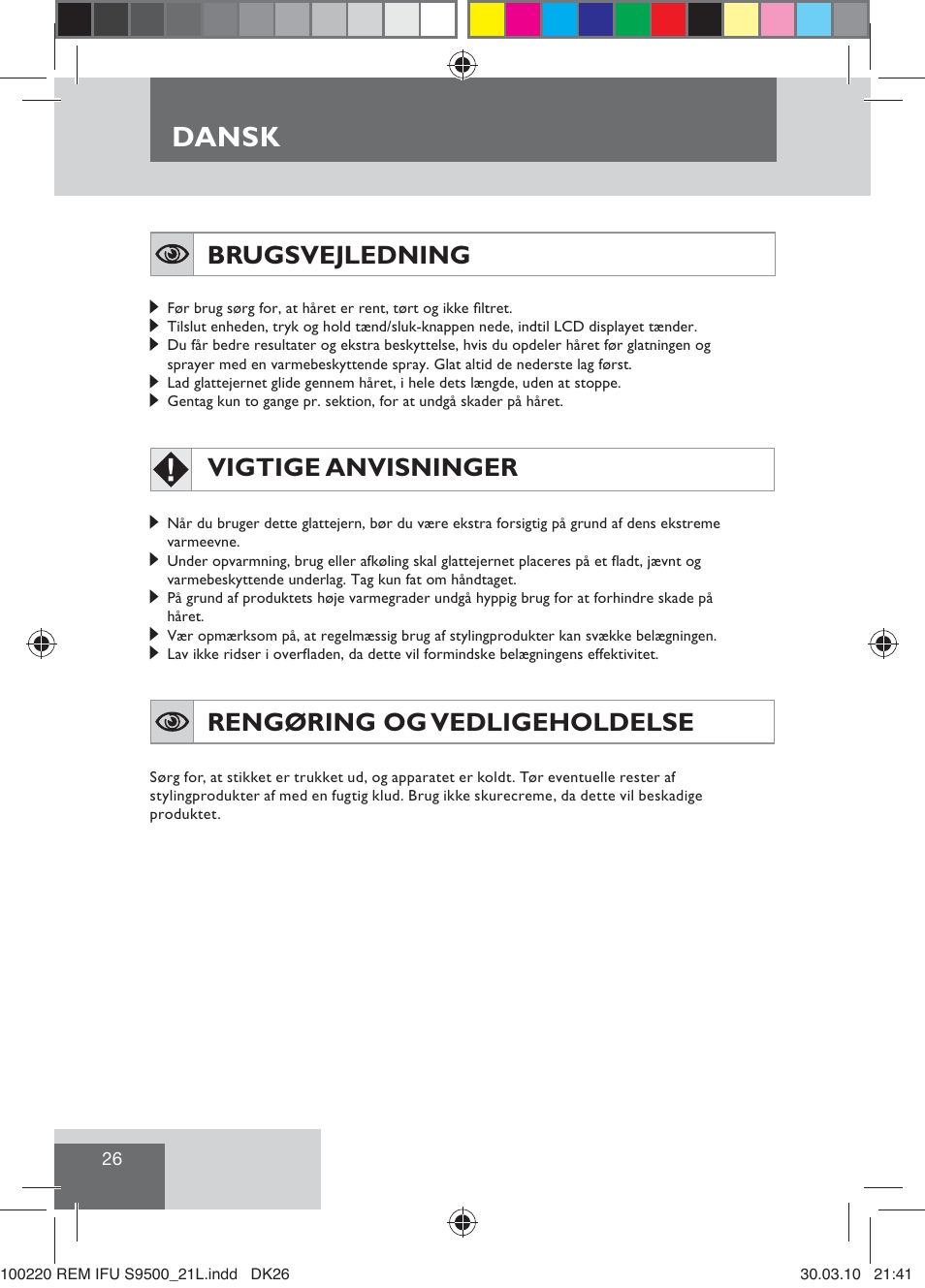 Dansk, Brugsvejledning, Vigtige anvisninger | Rengøring og vedligeholdelse | Remington S9500 User Manual | Page 28 / 88