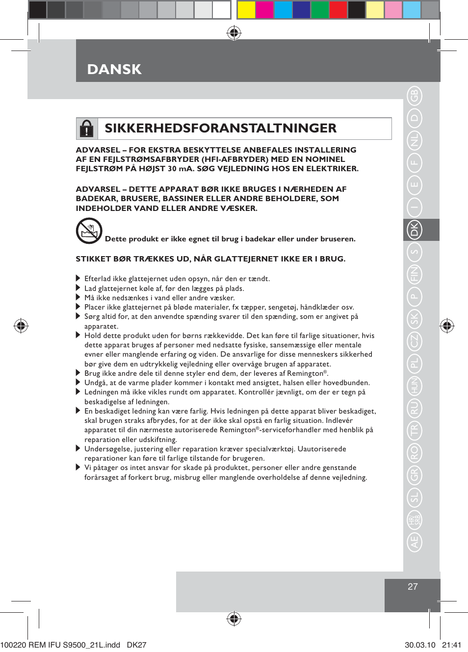 Dansk, Sikkerhedsforanstaltninger | Remington S9500 User Manual | Page 29 / 88