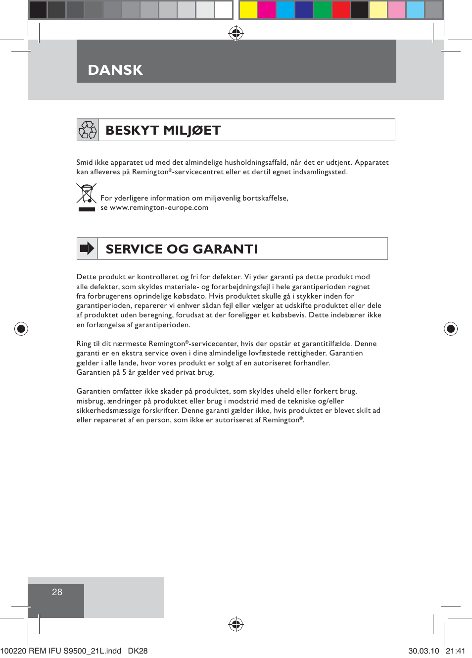 Dansk, Beskyt miljøet, Service og garanti | Remington S9500 User Manual | Page 30 / 88