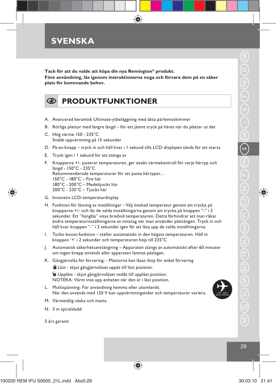 Svenska, Produktfunktioner | Remington S9500 User Manual | Page 31 / 88