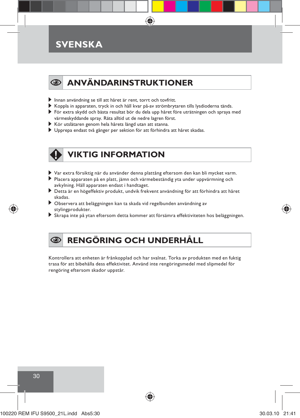 Svenska, Användarinstruktioner, Viktig information | Rengöring och underhåll | Remington S9500 User Manual | Page 32 / 88