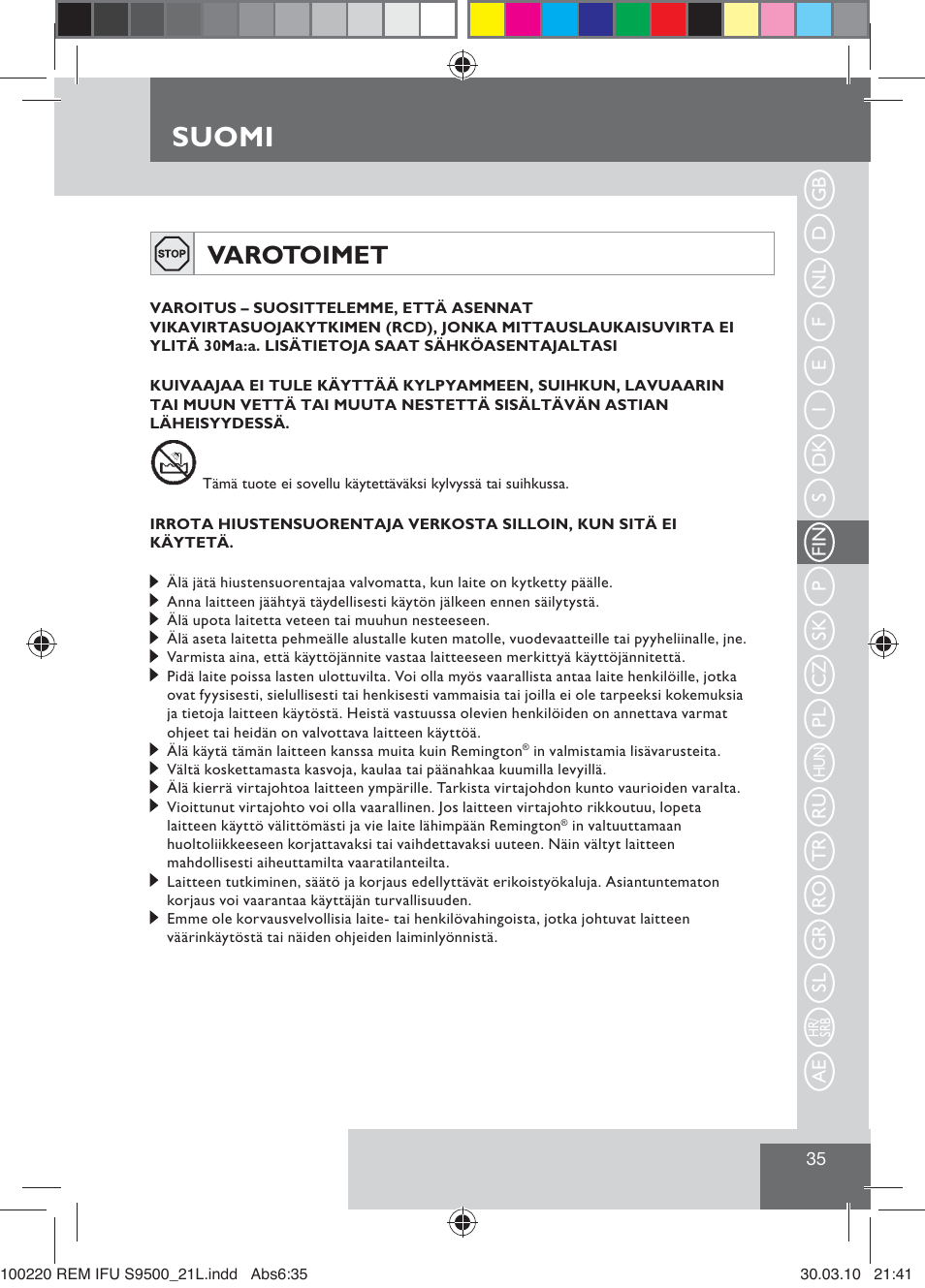 Suomi, Varotoimet | Remington S9500 User Manual | Page 37 / 88