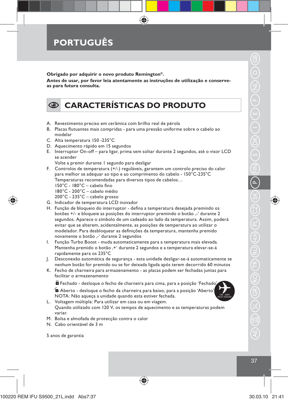 Português, Características do produto | Remington S9500 User Manual | Page 39 / 88