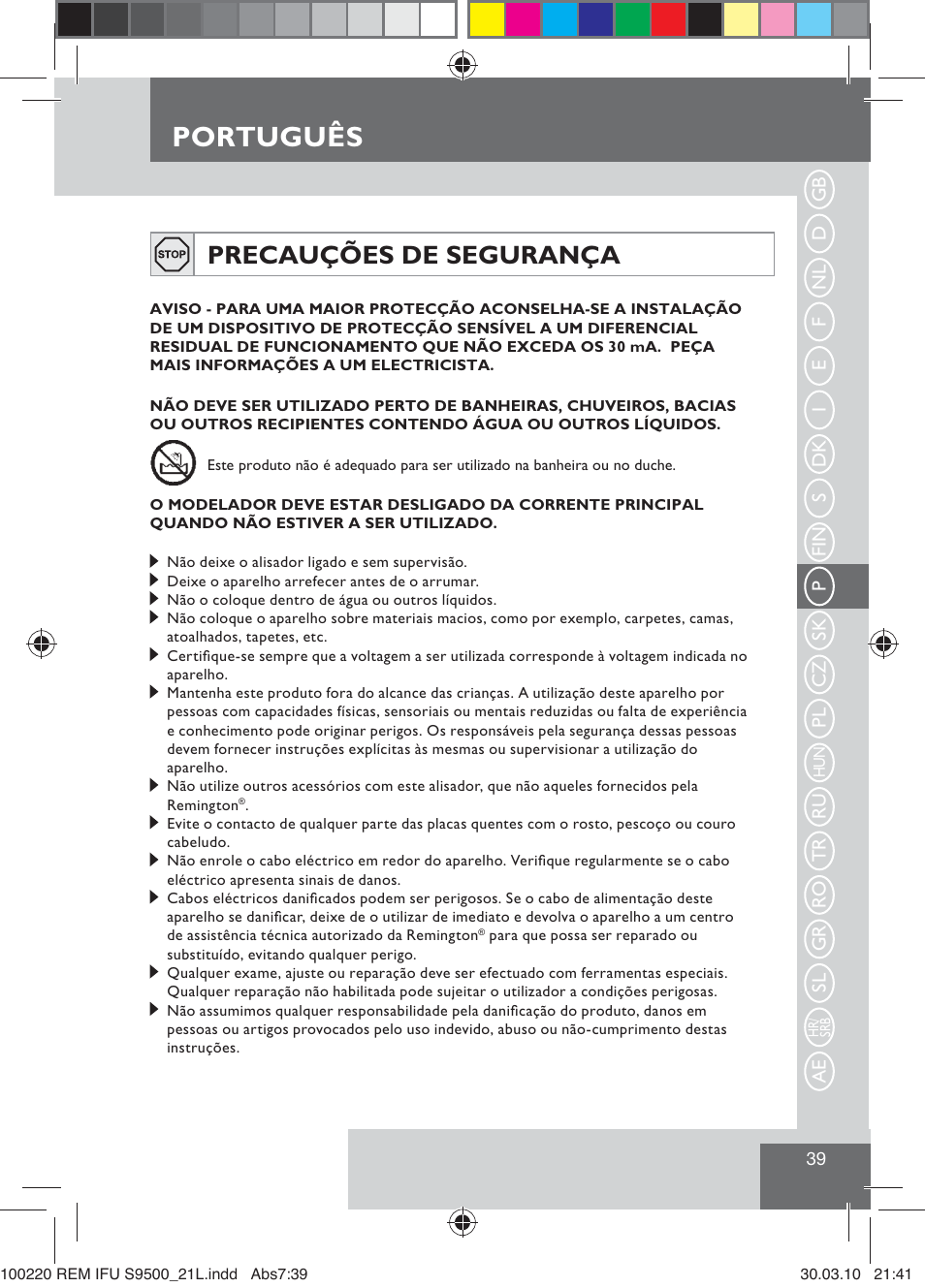 Português, Precauções de segurança | Remington S9500 User Manual | Page 41 / 88