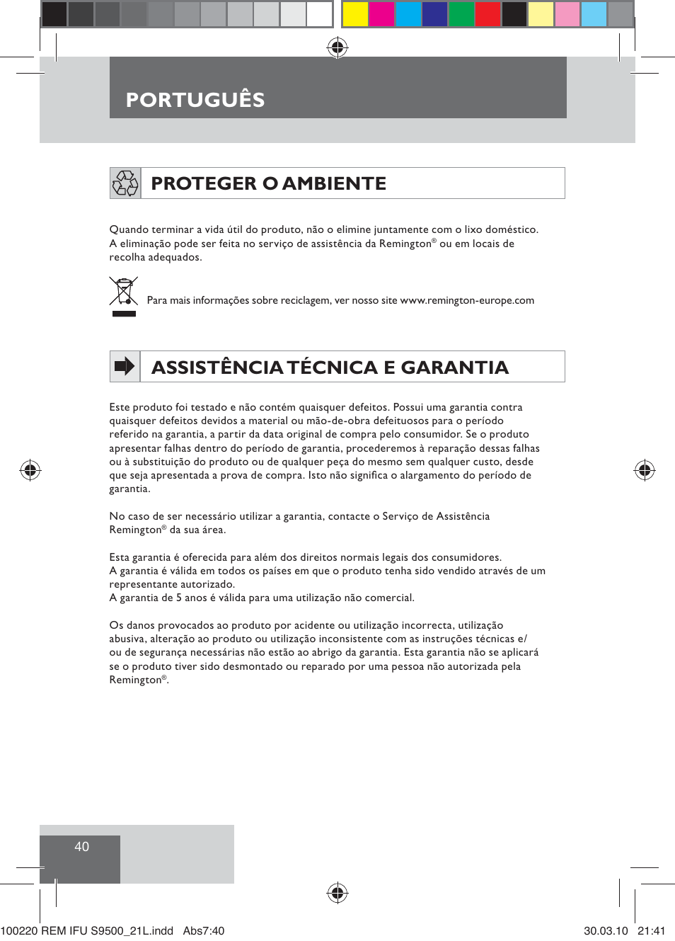 Português, Proteger o ambiente, Assistência técnica e garantia | Remington S9500 User Manual | Page 42 / 88