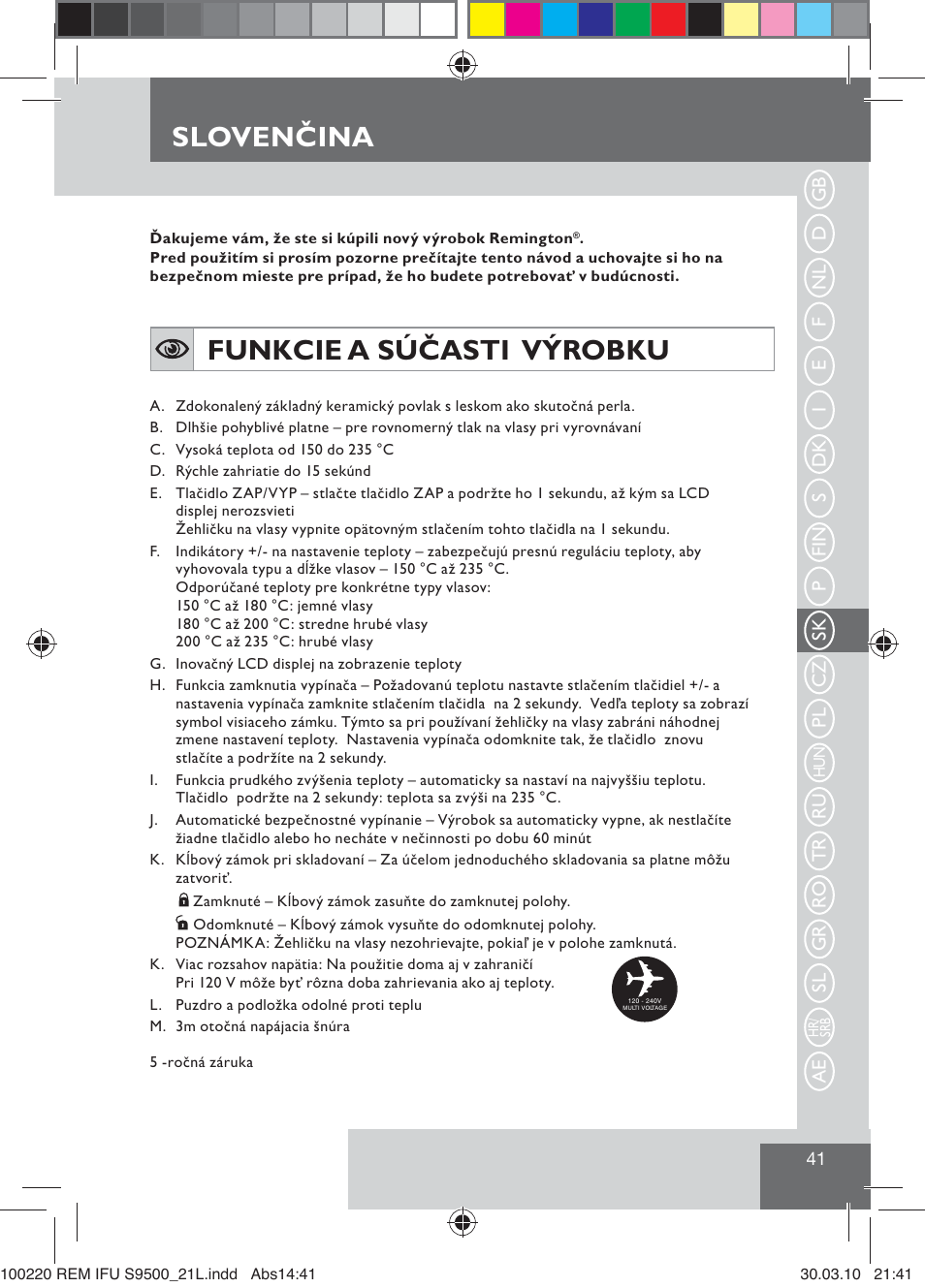 Sloven ina, Slovenčina, Funkcie a súčasti výrobku | Remington S9500 User Manual | Page 43 / 88