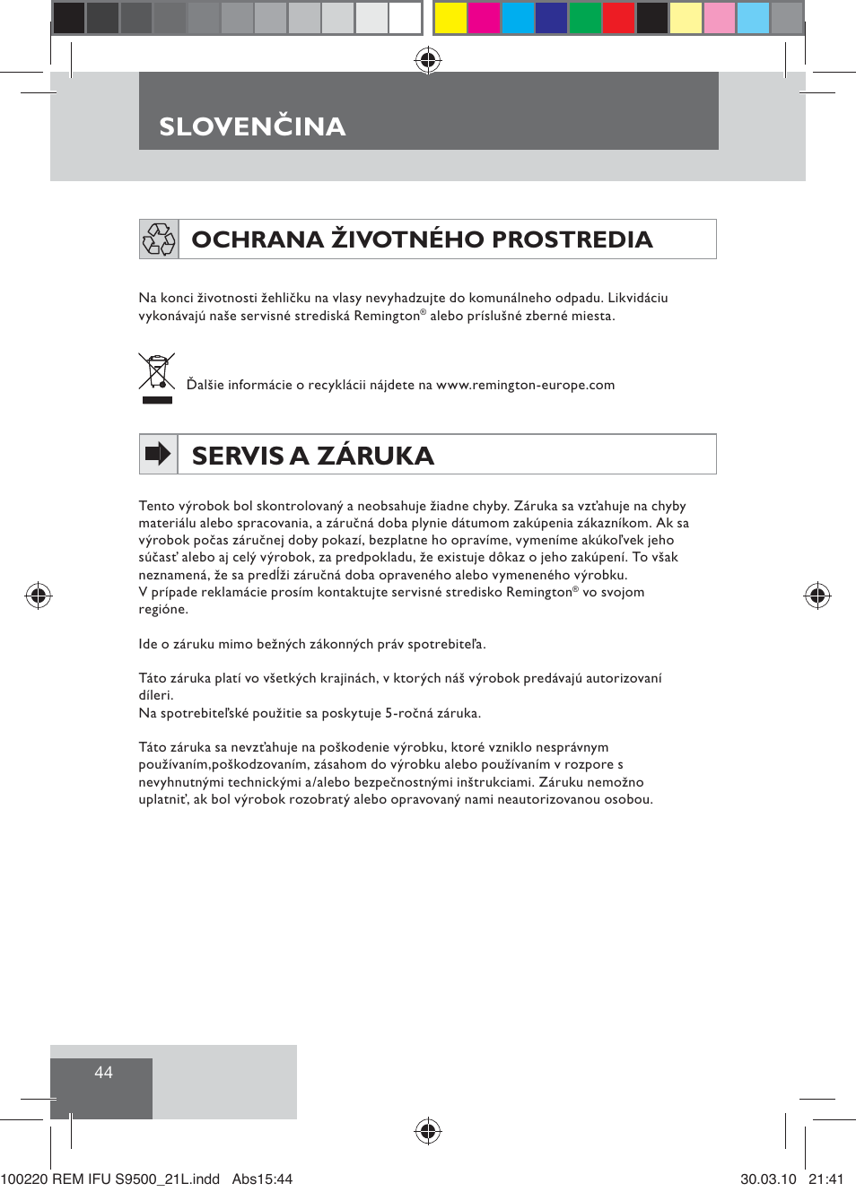 Sloven ina, Slovenčina, Servis a záruka | Ochrana životného prostredia | Remington S9500 User Manual | Page 46 / 88