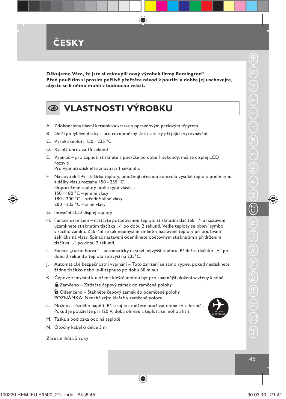 Česky, Vlastnosti výrobku | Remington S9500 User Manual | Page 47 / 88