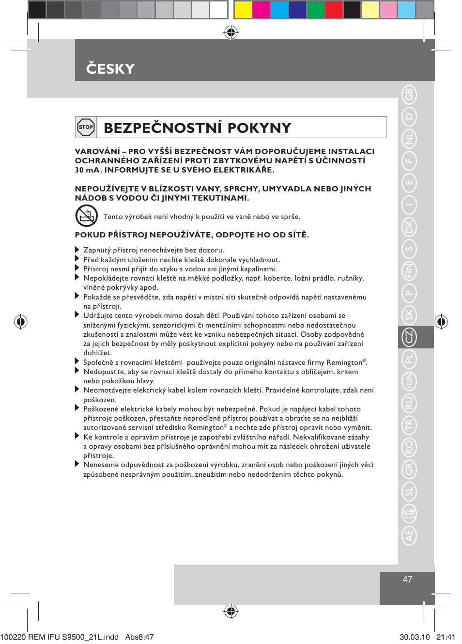 Bezpečnostní pokyny, Česky | Remington S9500 User Manual | Page 49 / 88