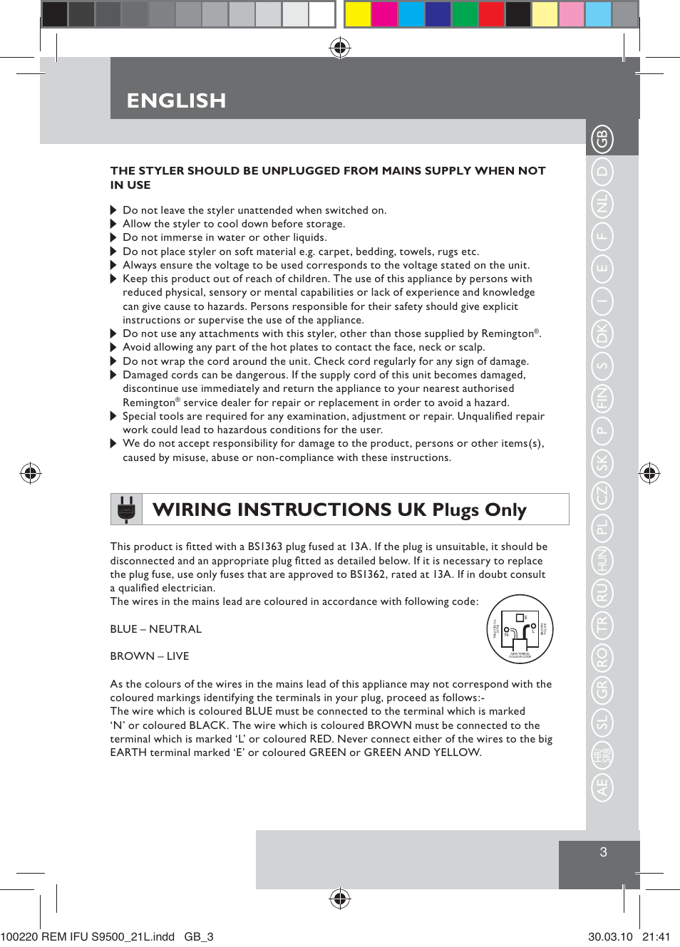 English, Wiring instructions uk plugs only, Ru tr ro gr sl ae | Remington S9500 User Manual | Page 5 / 88