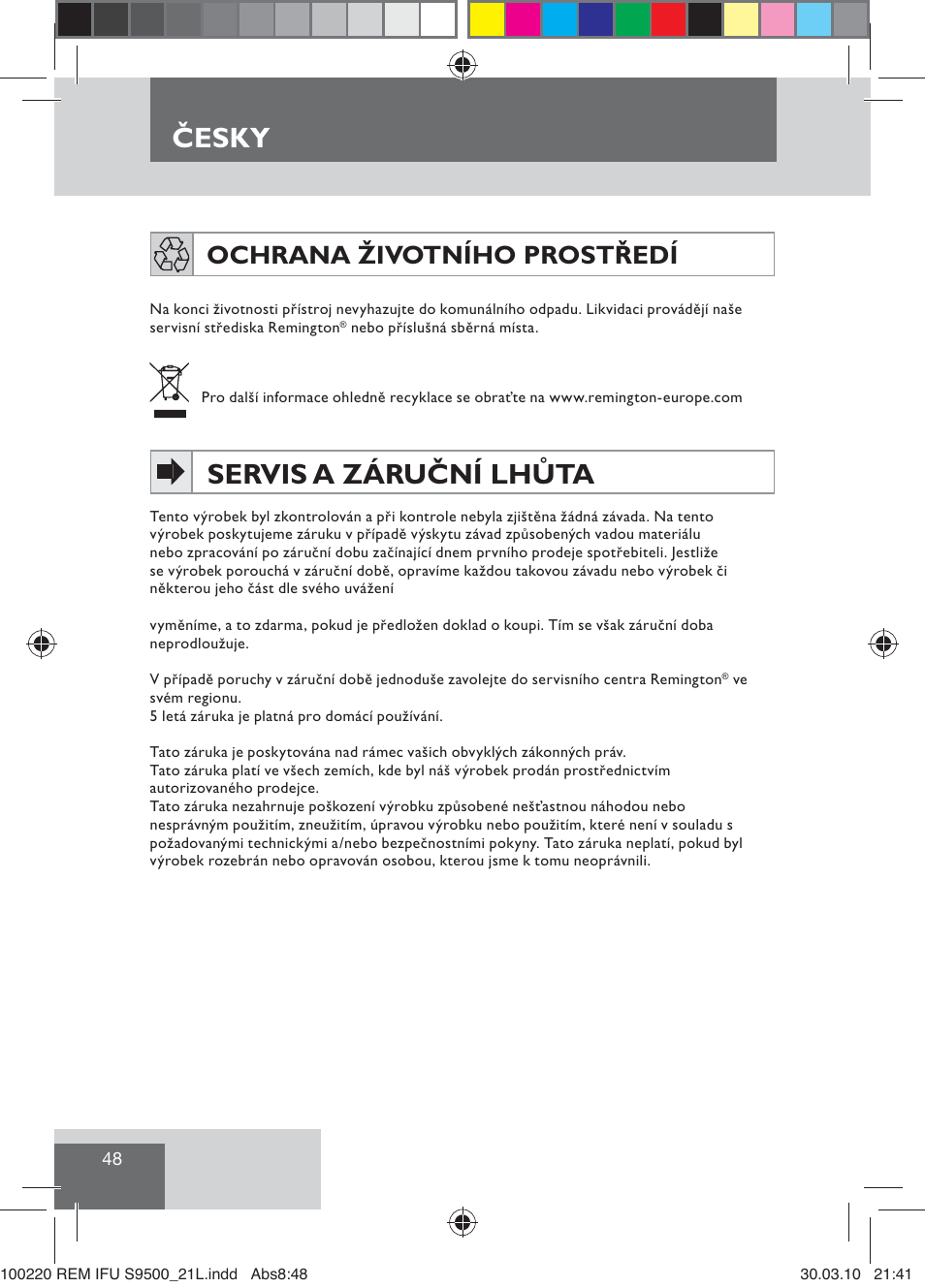 Esky, Česky, Servis a záruční lhůta | Ochrana životního prostředí | Remington S9500 User Manual | Page 50 / 88