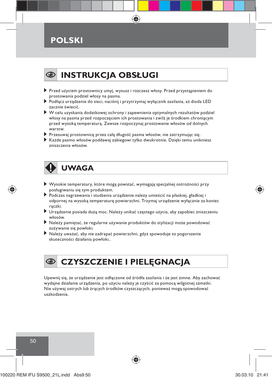 Polski, Instrukcja obsługi, Czyszczenie i pielęgnacja | Uwaga | Remington S9500 User Manual | Page 52 / 88