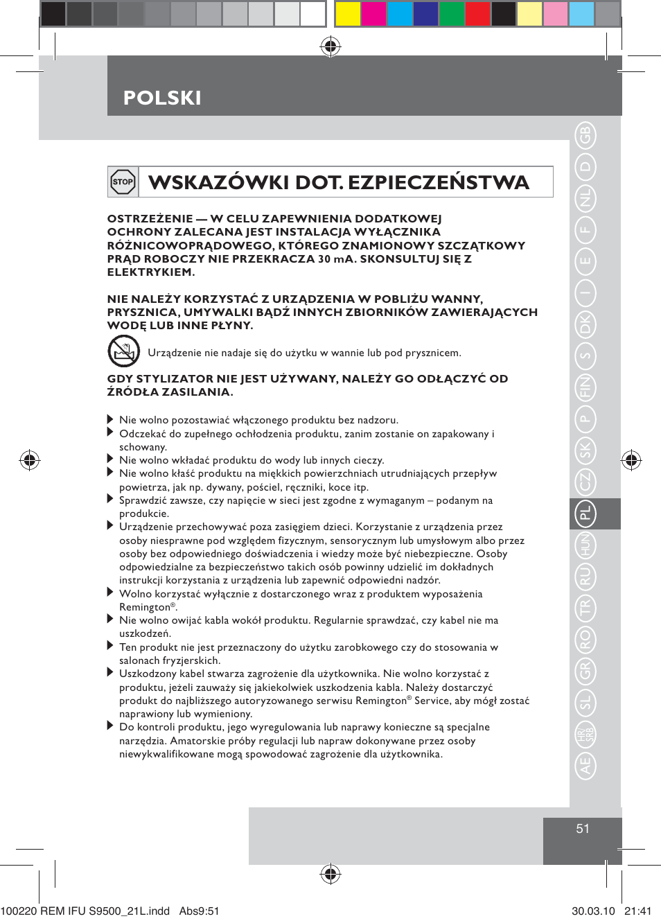 Polski, Wskazówki dot. ezpieczeństwa | Remington S9500 User Manual | Page 53 / 88