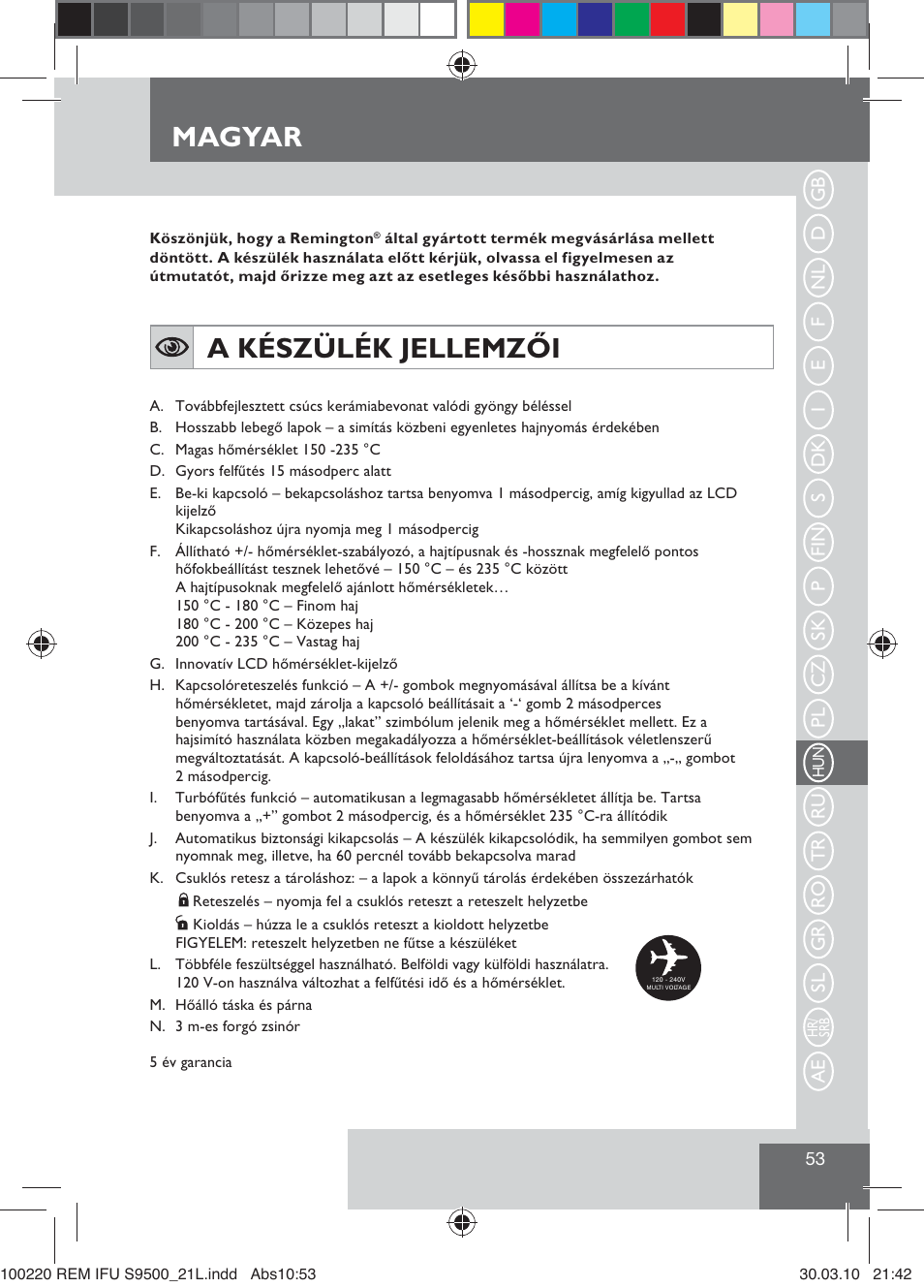 Magyar, A készülék jellemzői | Remington S9500 User Manual | Page 55 / 88