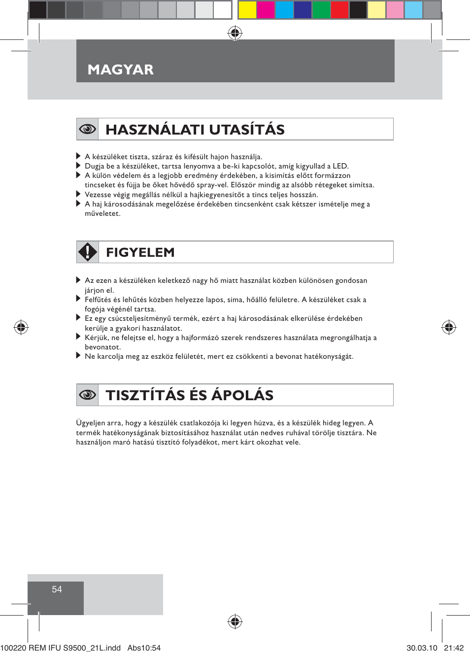 Magyar, Használati utasítás, Tisztítás és ápolás | Figyelem | Remington S9500 User Manual | Page 56 / 88