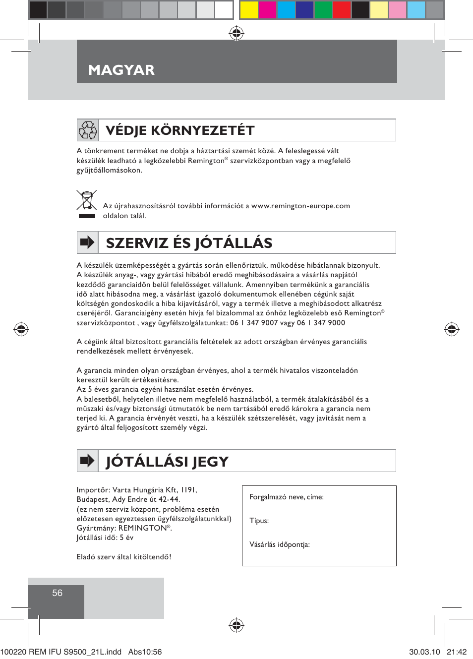 Magyar, Szerviz és jótállás, Jótállási jegy | Védje környezetét | Remington S9500 User Manual | Page 58 / 88