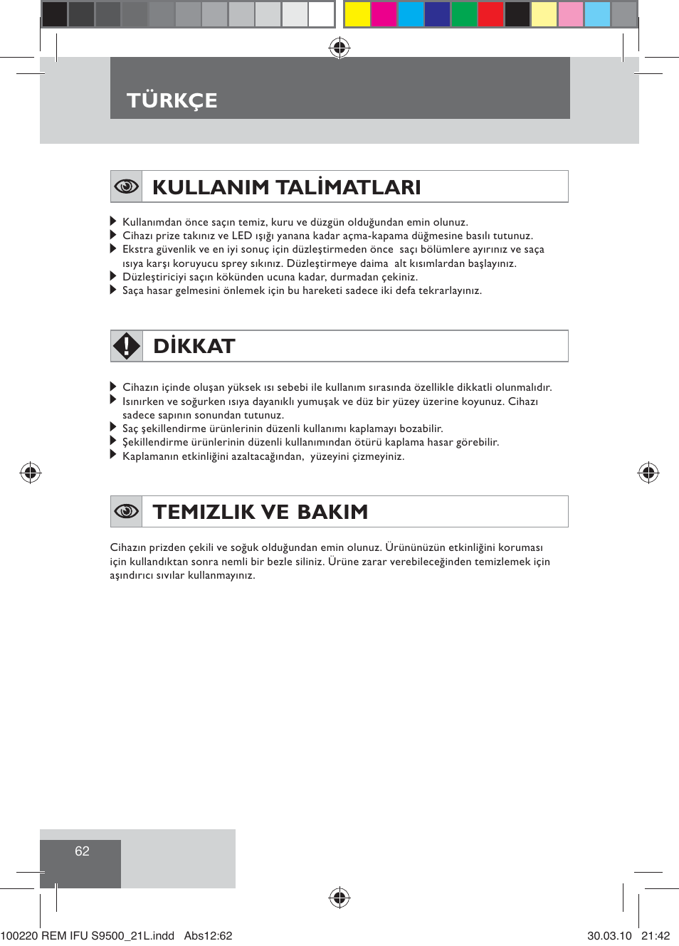 Türkçe, Kullanim talimatlari, Dikkat | Temizlik ve bakim | Remington S9500 User Manual | Page 64 / 88
