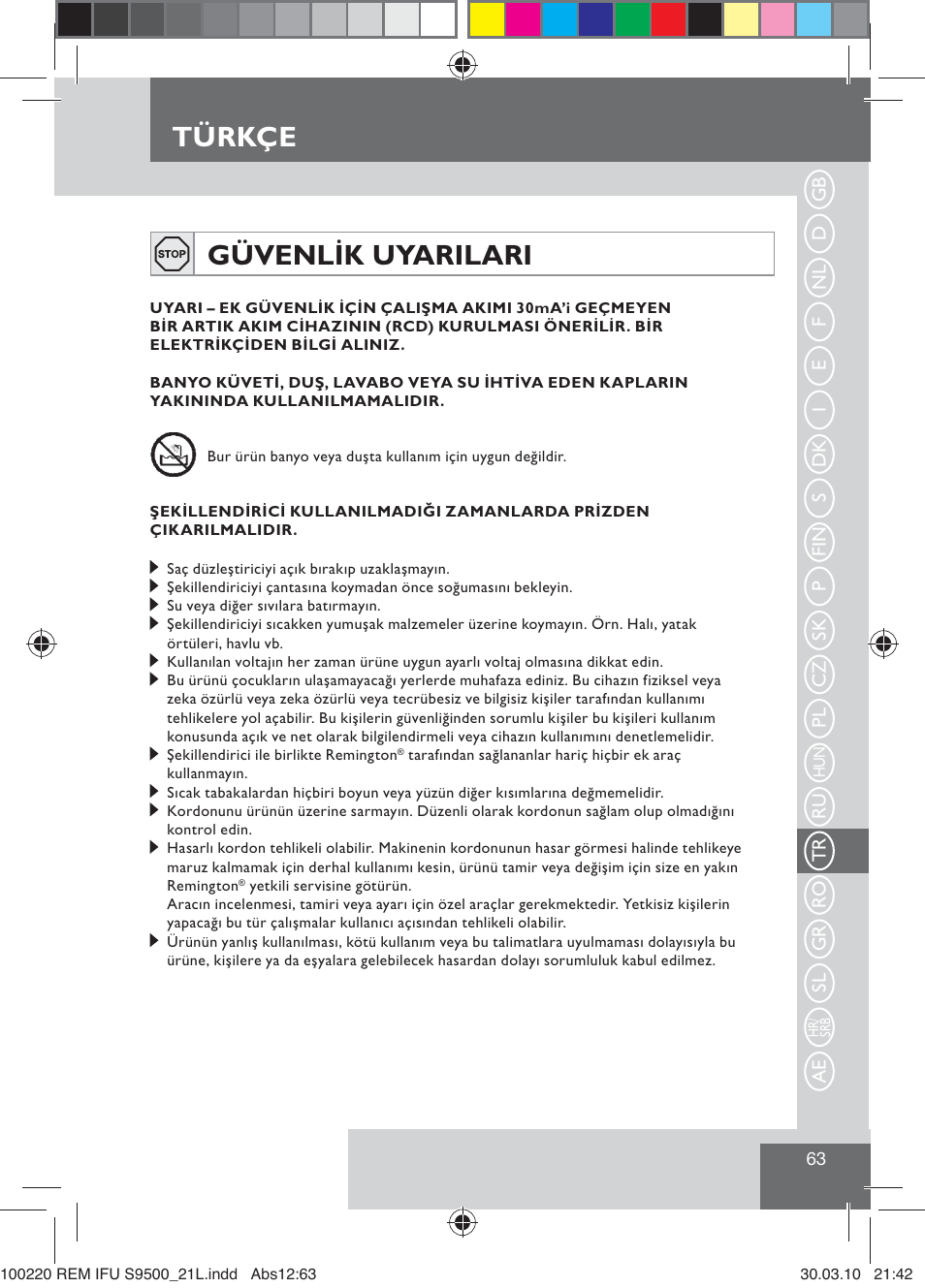 Türkçe, Güvenlik uyarilari | Remington S9500 User Manual | Page 65 / 88