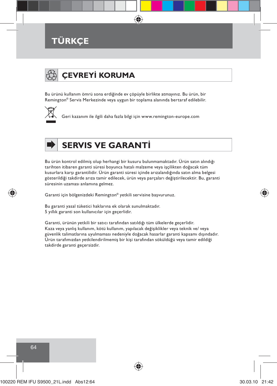 Türkçe, Servis ve garanti, Çevreyi koruma | Remington S9500 User Manual | Page 66 / 88