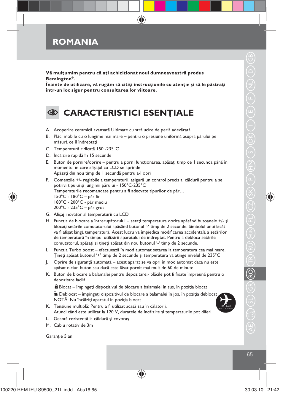 Romania, Caracteristici esenţiale | Remington S9500 User Manual | Page 67 / 88