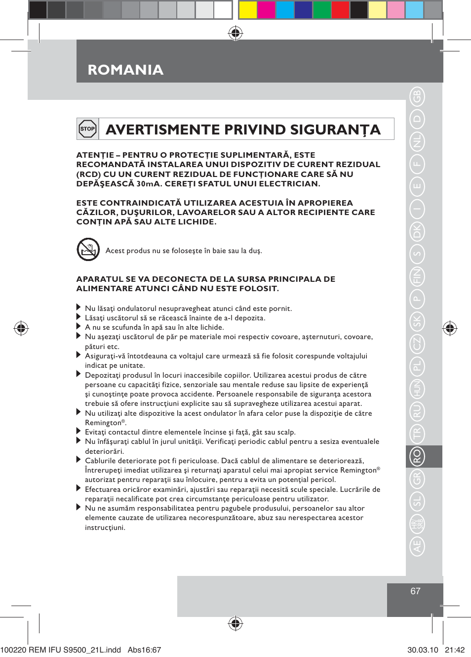 Romania, Avertismente privind siguranţa | Remington S9500 User Manual | Page 69 / 88