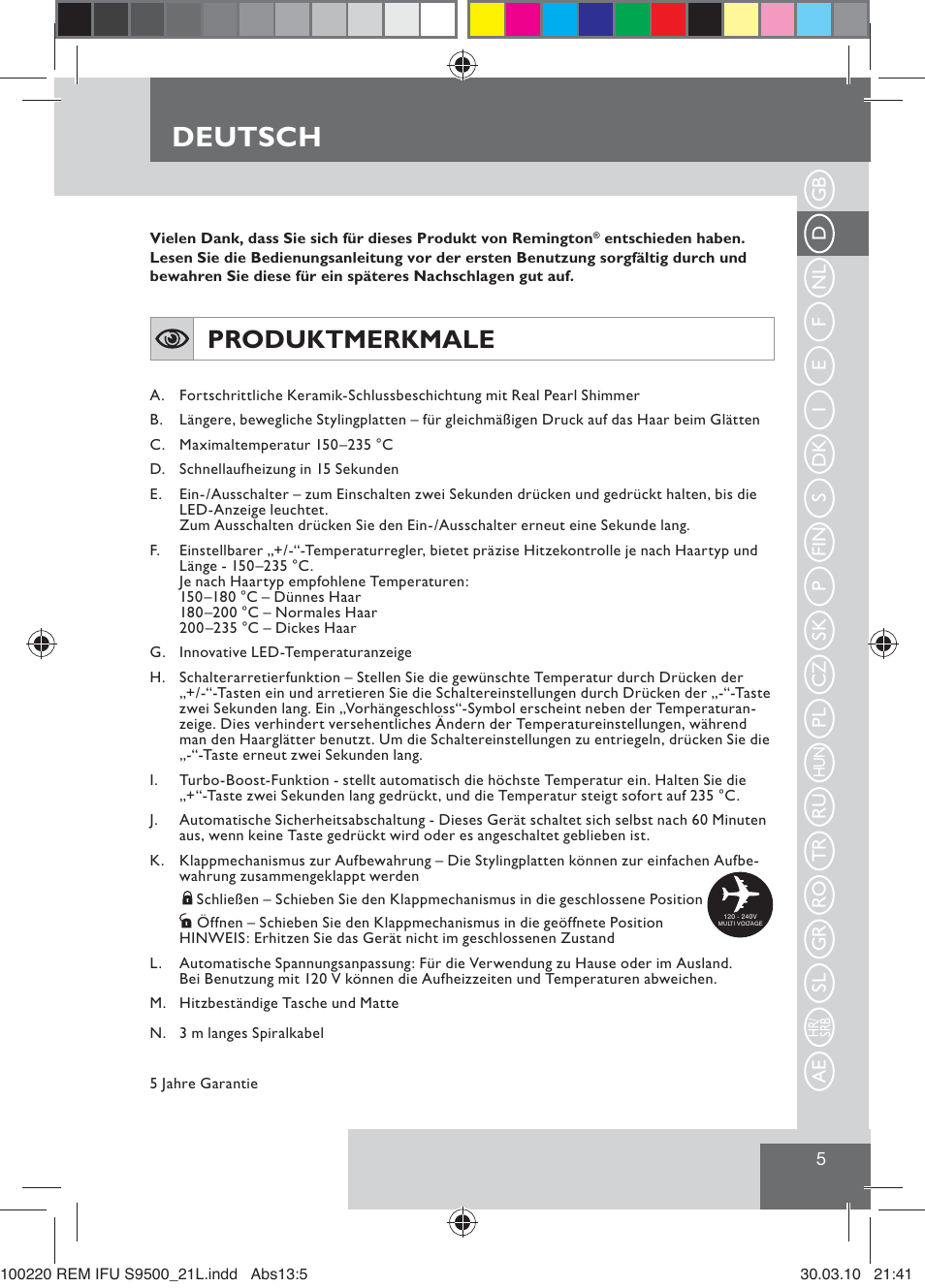 Deutsch, Produktmerkmale | Remington S9500 User Manual | Page 7 / 88