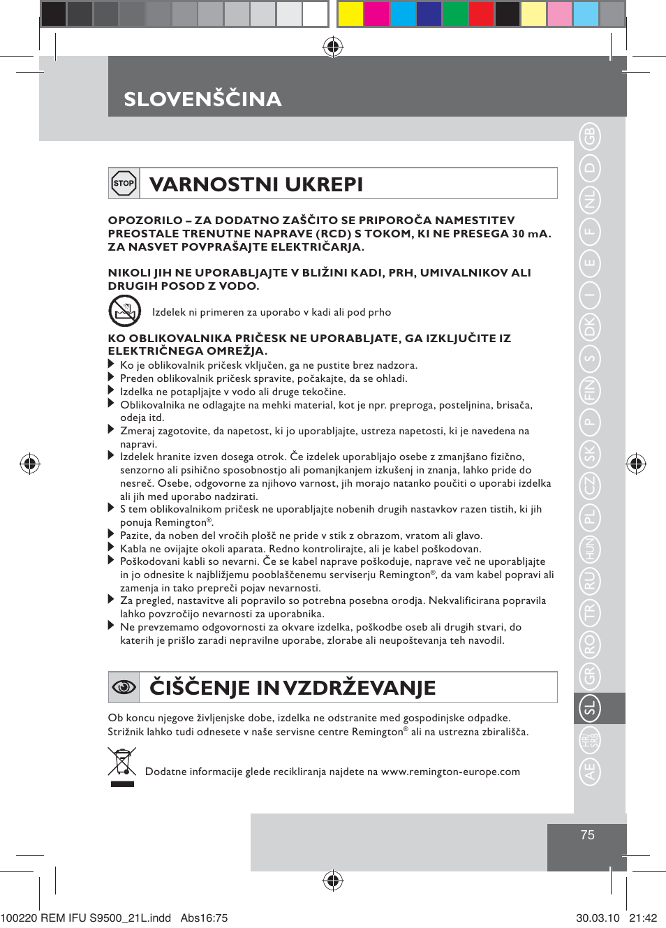 Slovenščina varnostni ukrepi, Čiščenje in vzdrževanje | Remington S9500 User Manual | Page 77 / 88