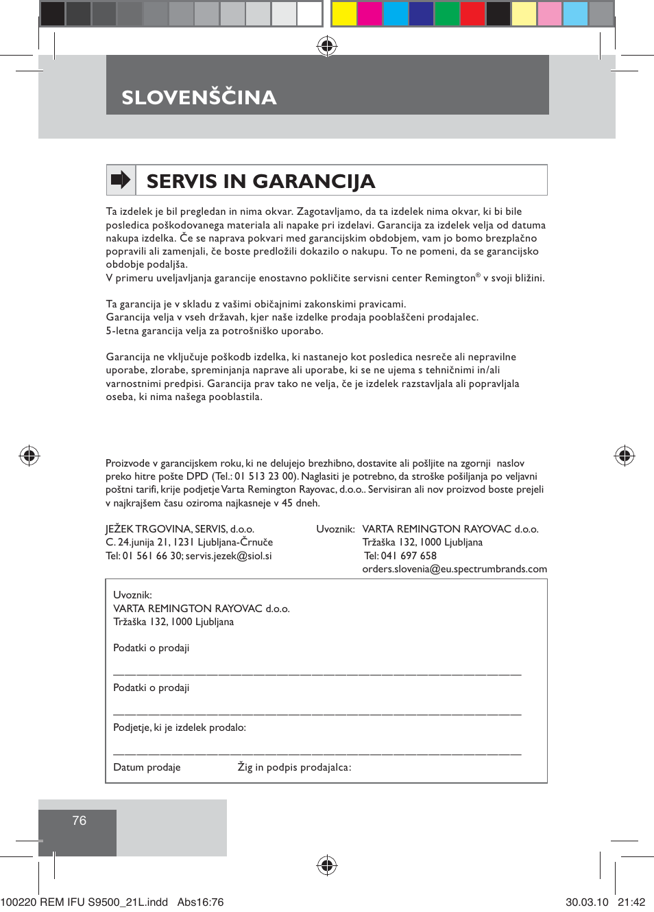 Slovenščina servis in garancija | Remington S9500 User Manual | Page 78 / 88