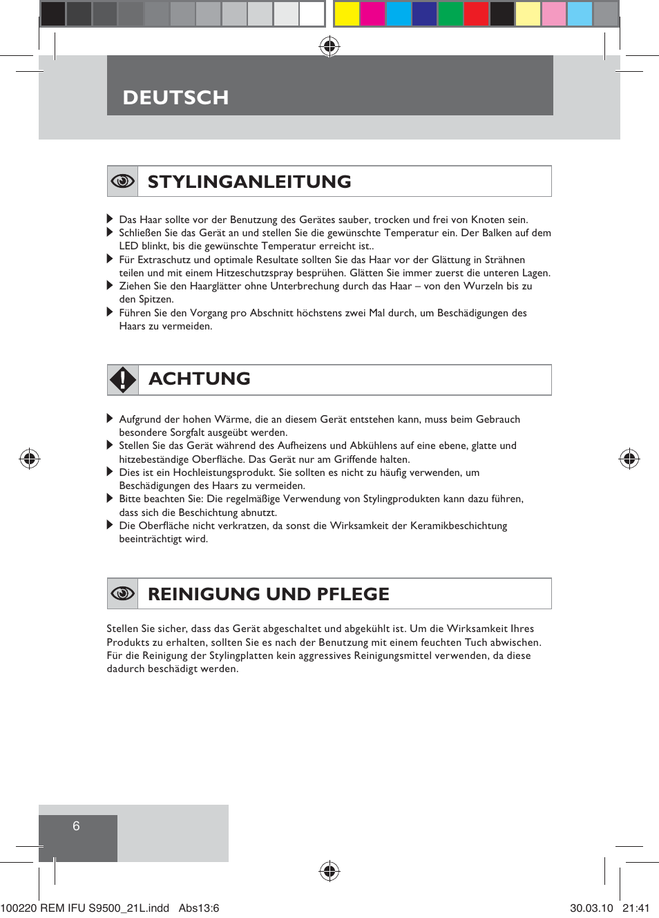 Deutsch, Stylinganleitung, Achtung | Reinigung und pflege | Remington S9500 User Manual | Page 8 / 88