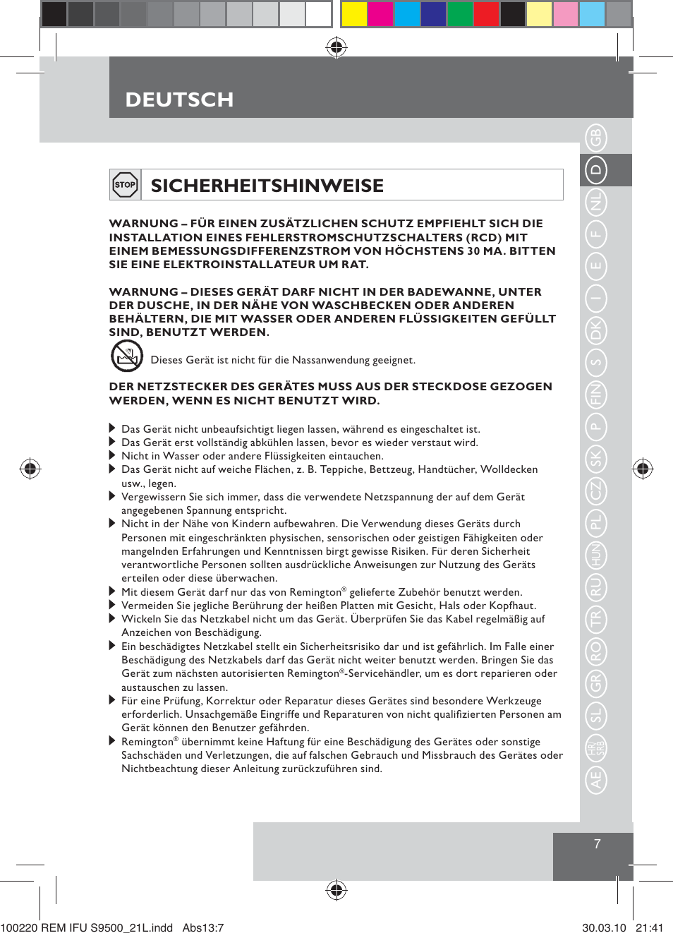 Deutsch, Sicherheitshinweise | Remington S9500 User Manual | Page 9 / 88