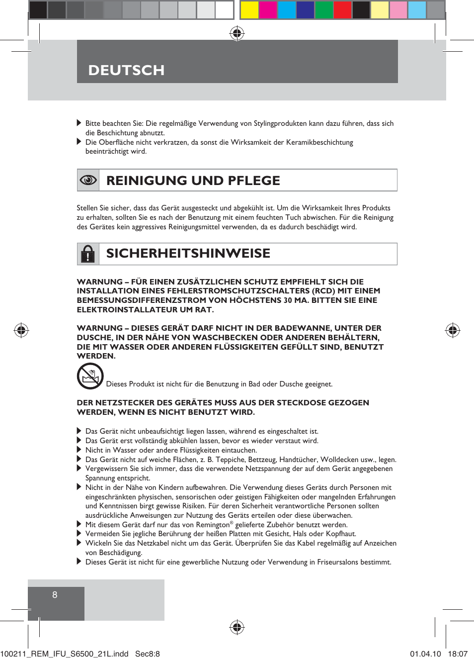Deutsch, Reinigung und pflege, Sicherheitshinweise | Remington S6500 User Manual | Page 10 / 95