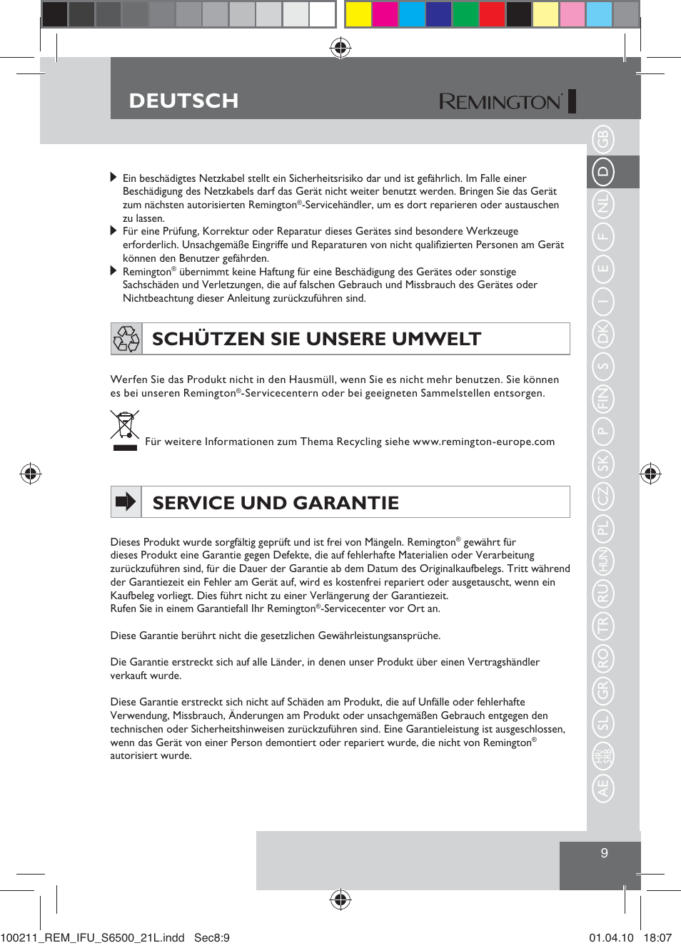 Deutsch, Schützen sie unsere umwelt, Service und garantie | Remington S6500 User Manual | Page 11 / 95