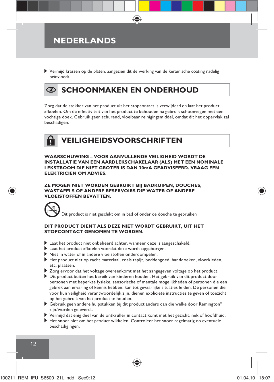 Nederlands, Schoonmaken en onderhoud, Veiligheidsvoorschriften | Remington S6500 User Manual | Page 14 / 95