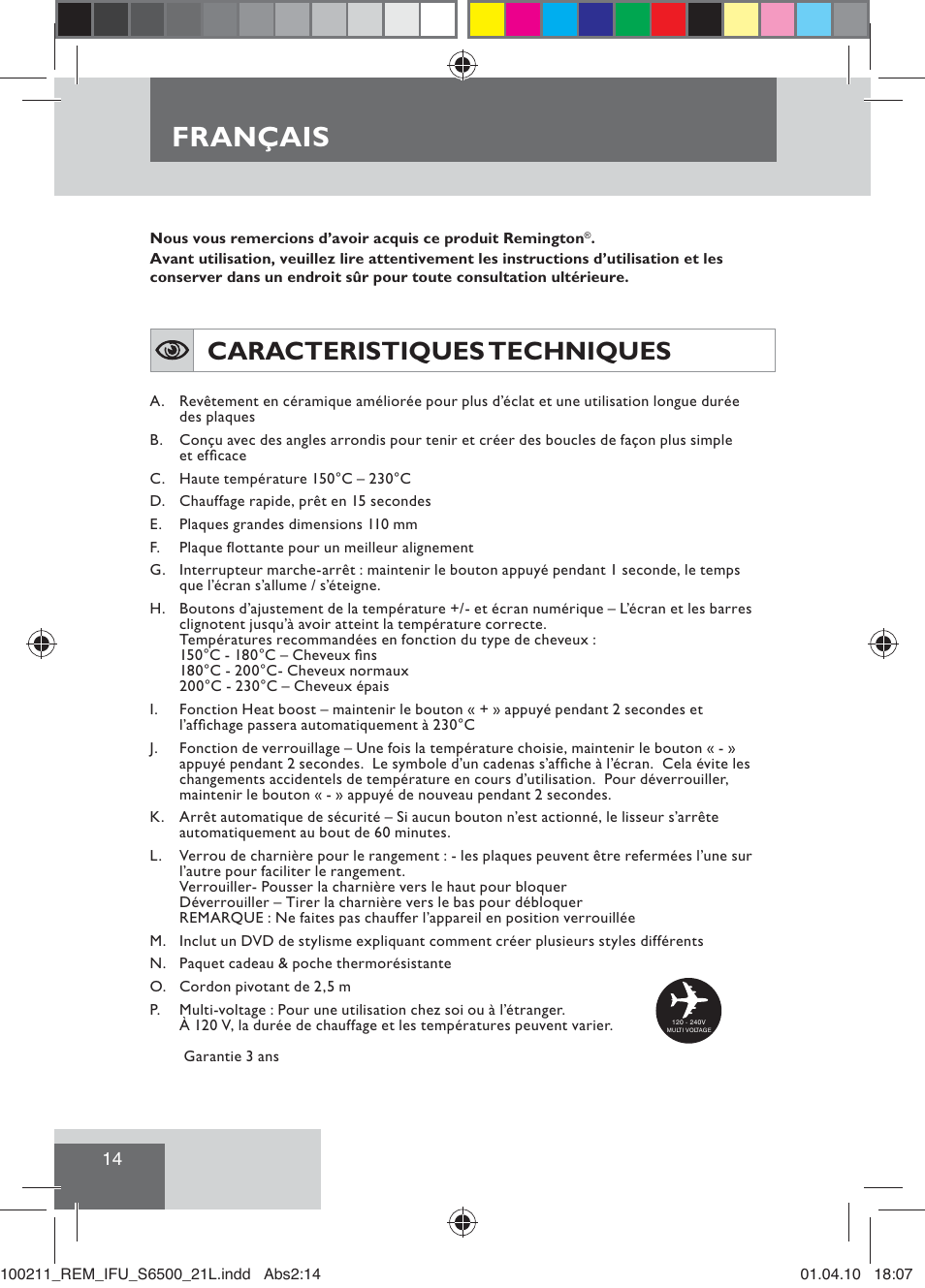 Français, Caracteristiques techniques | Remington S6500 User Manual | Page 16 / 95