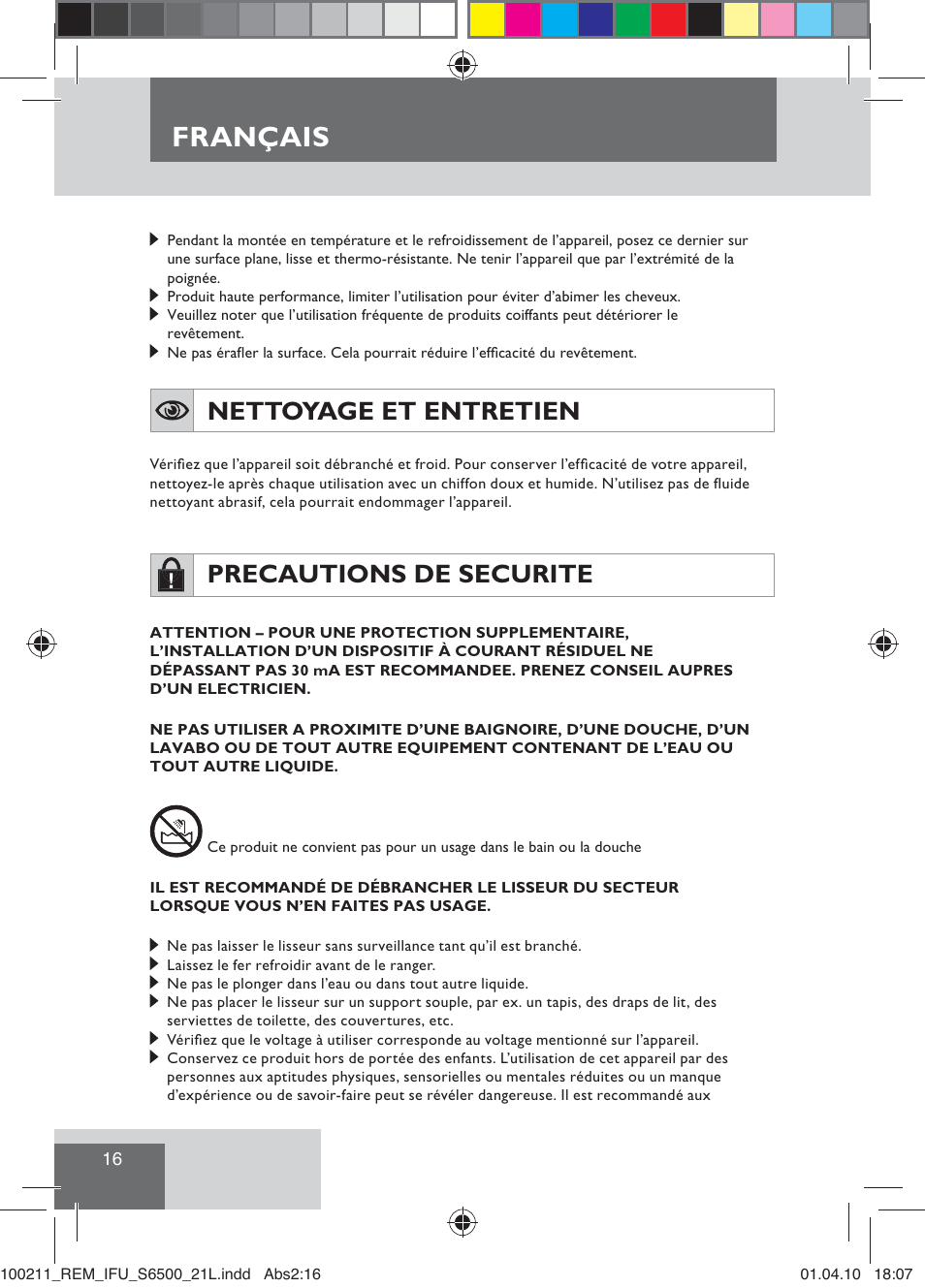 Français, Nettoyage et entretien, Precautions de securite | Remington S6500 User Manual | Page 18 / 95