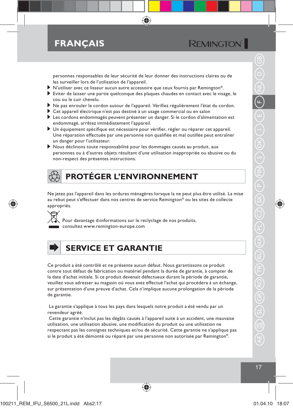 Français, Protéger l’environnement, Service et garantie | Remington S6500 User Manual | Page 19 / 95