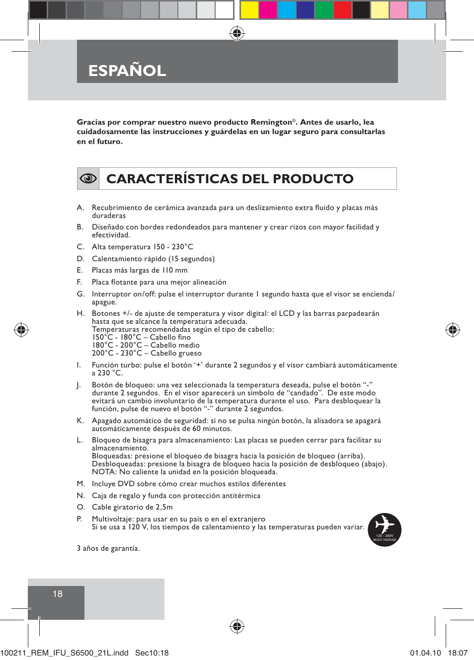 Español, Características del producto | Remington S6500 User Manual | Page 20 / 95