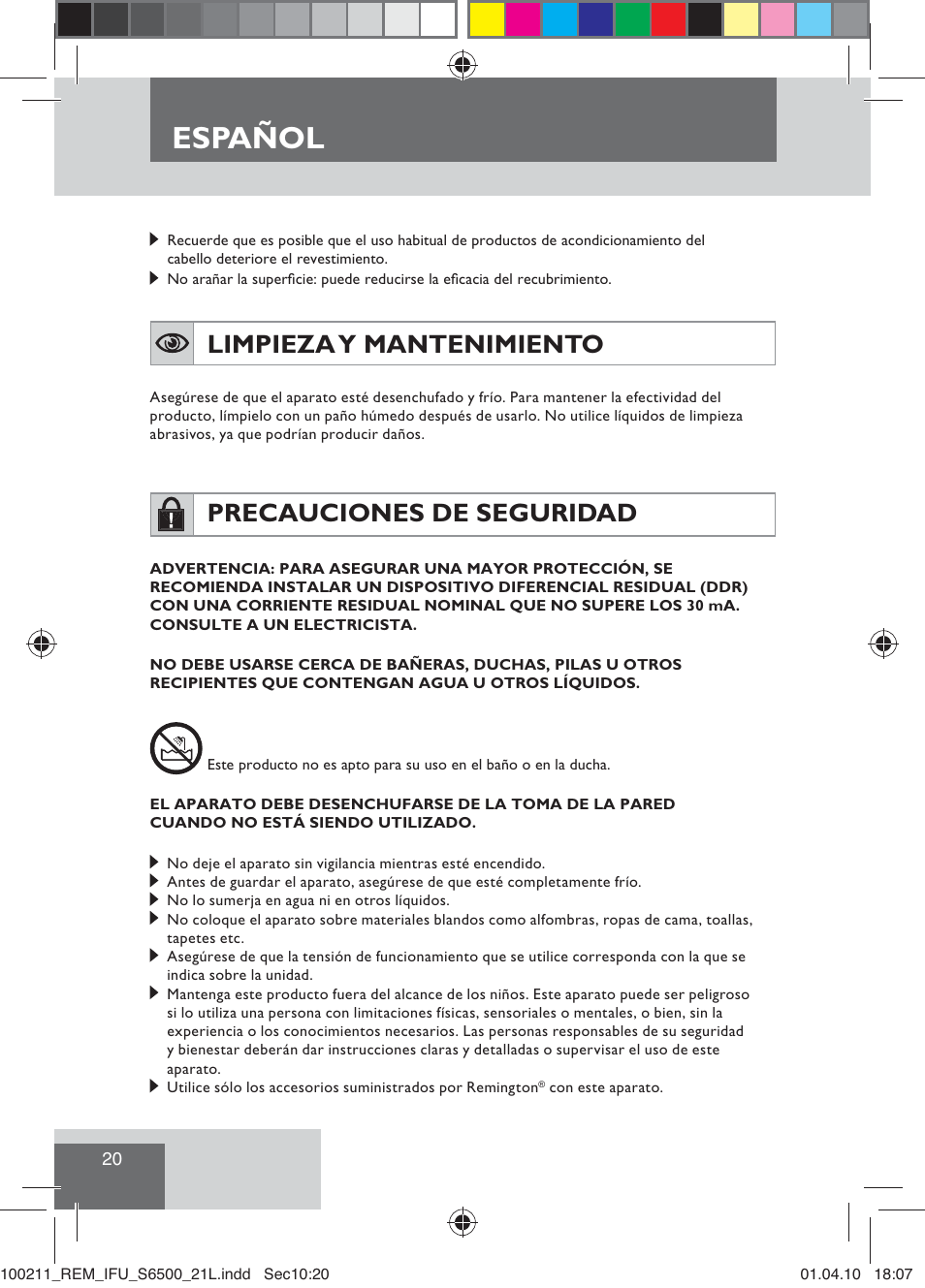 Español, Limpieza y mantenimiento, Precauciones de seguridad | Remington S6500 User Manual | Page 22 / 95