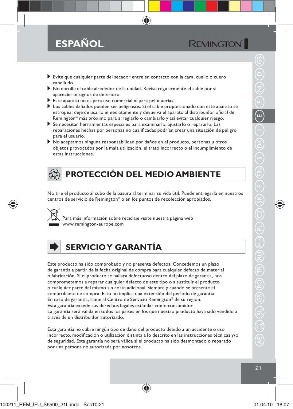 Español, Protección del medio ambiente, Servicio y garantía | Remington S6500 User Manual | Page 23 / 95