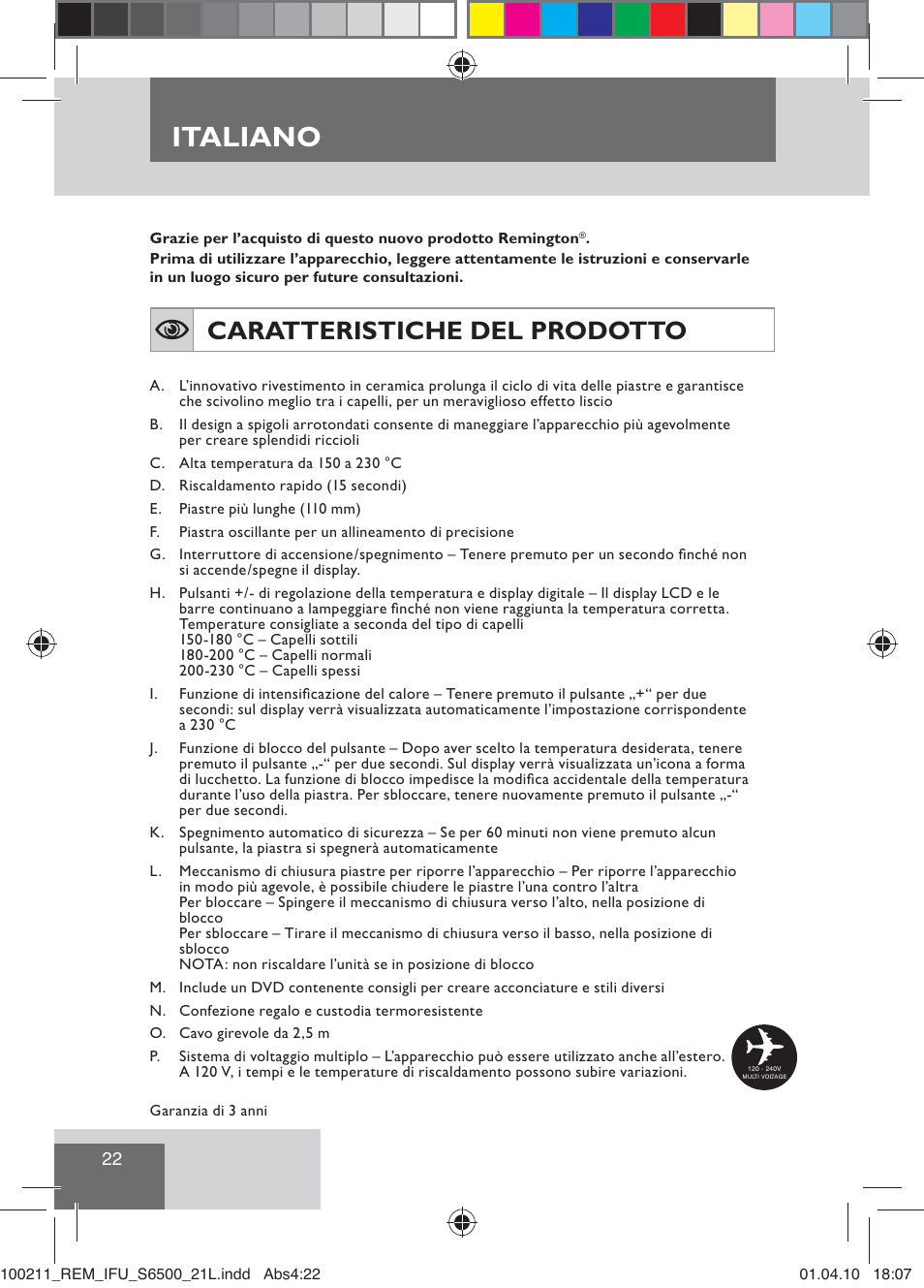 Italiano, Caratteristiche del prodotto | Remington S6500 User Manual | Page 24 / 95