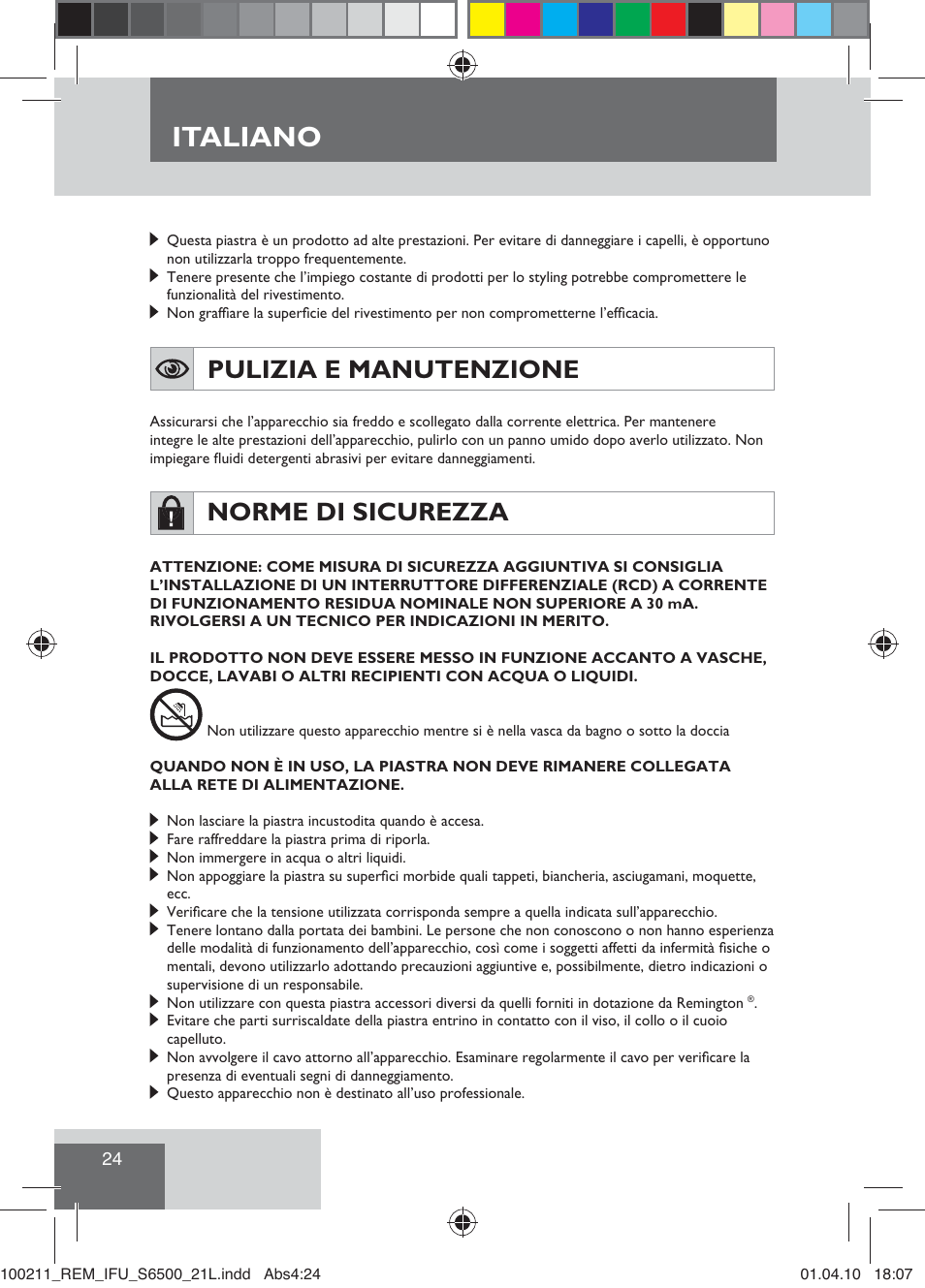Italiano, Pulizia e manutenzione, Norme di sicurezza | Remington S6500 User Manual | Page 26 / 95
